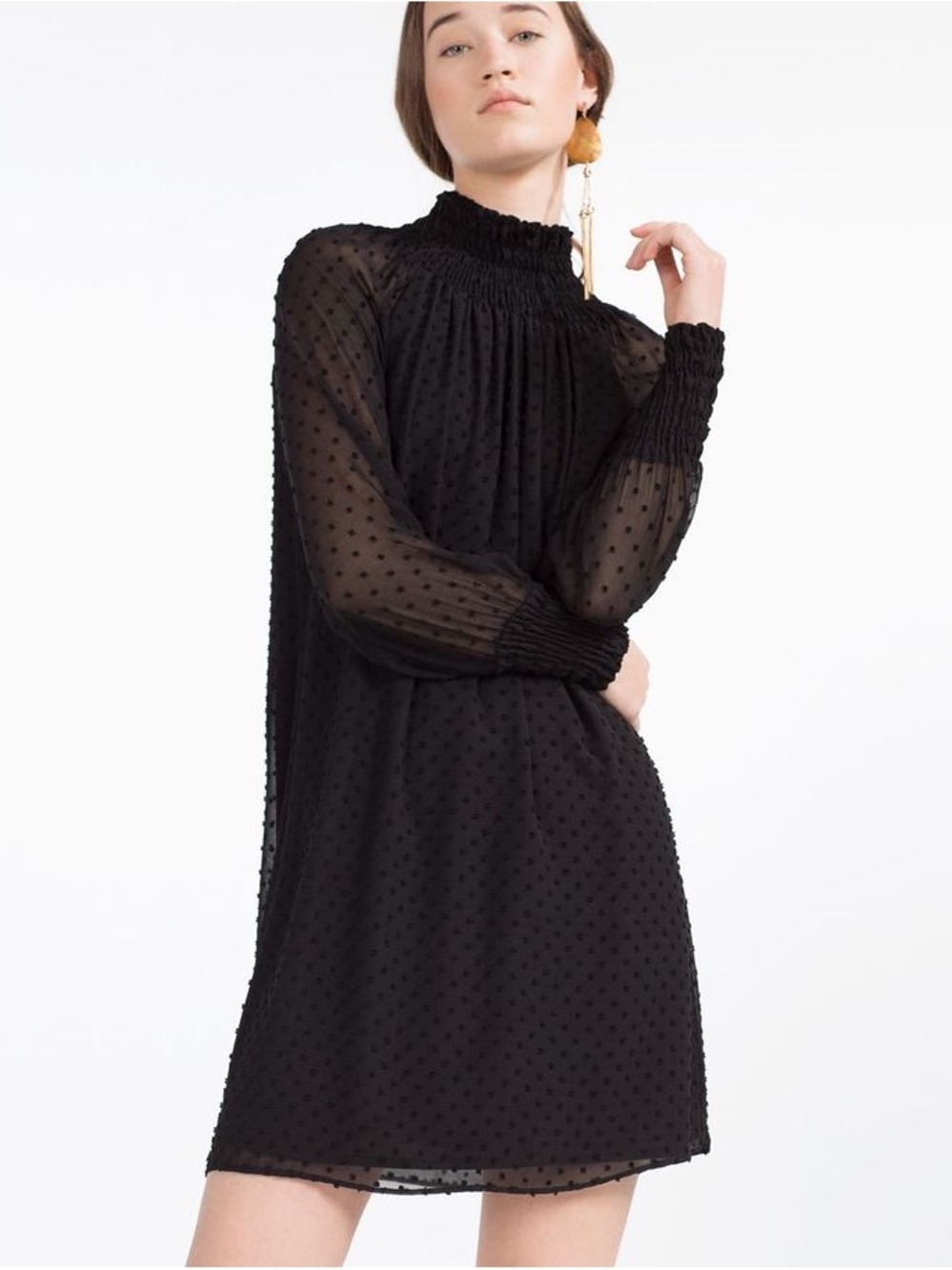 ZARA Black Swiss Dot Smocked Neck Dress